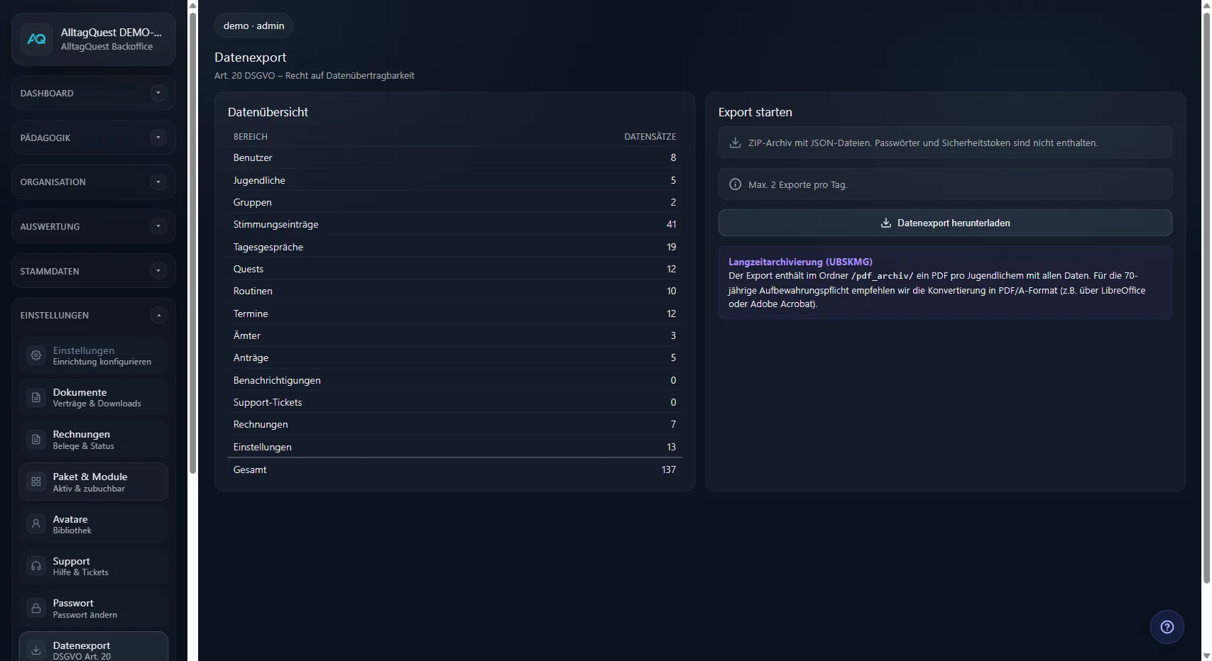 DSGVO-Datenexport mit Datenübersicht und ZIP-Download in AlltagQuest