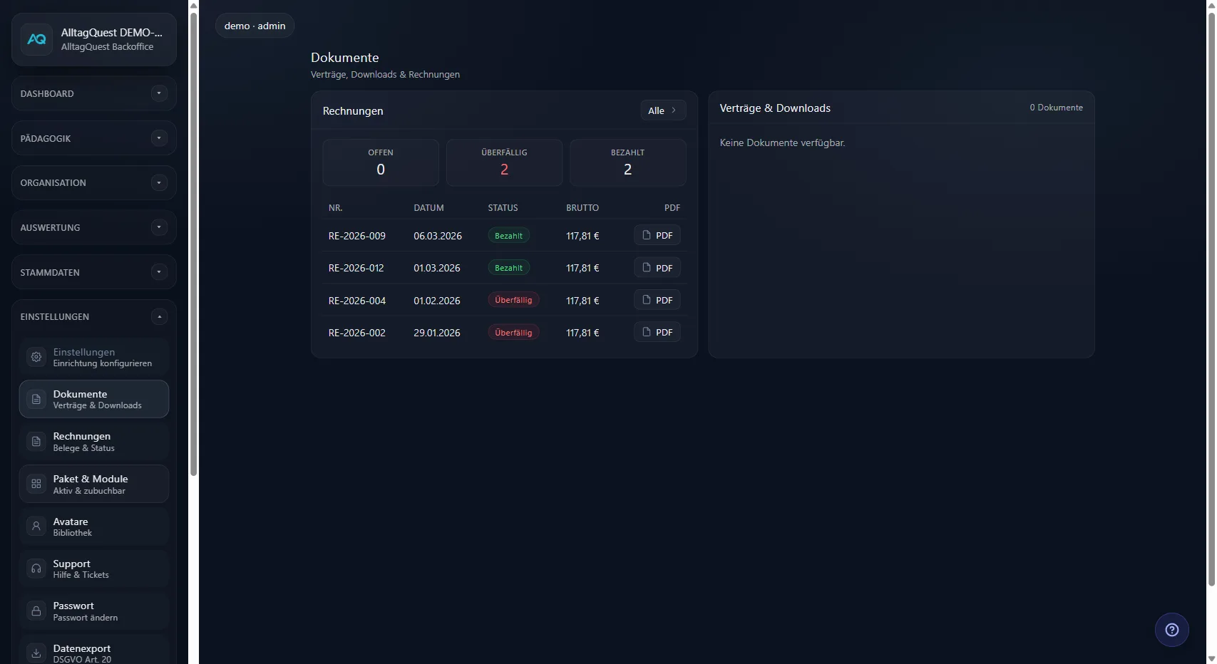Dokumenten-Übersicht mit Rechnungen und Verträgen