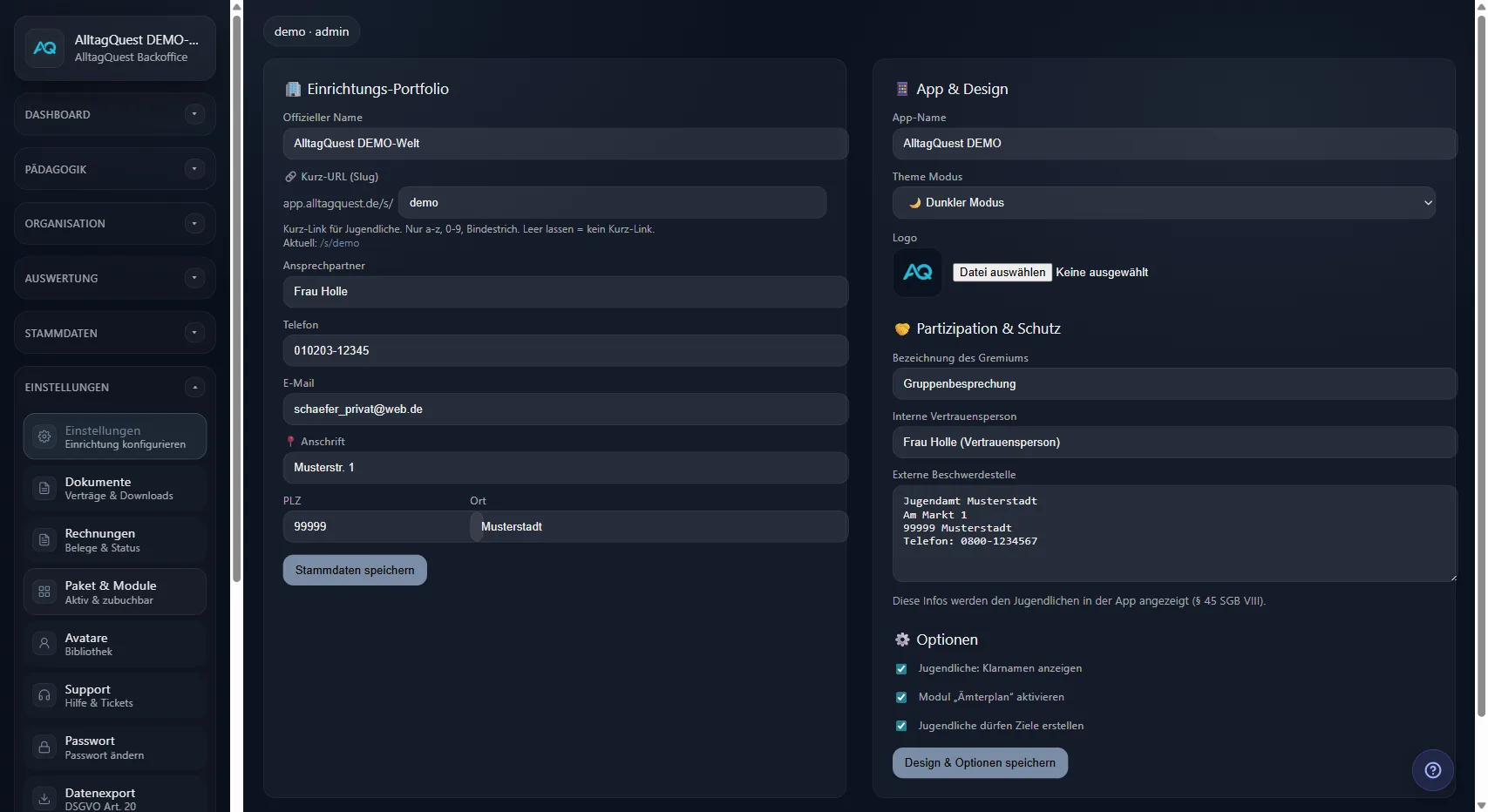Einrichtungs-Konfiguration mit Vertrauensperson und Beschwerdestelle