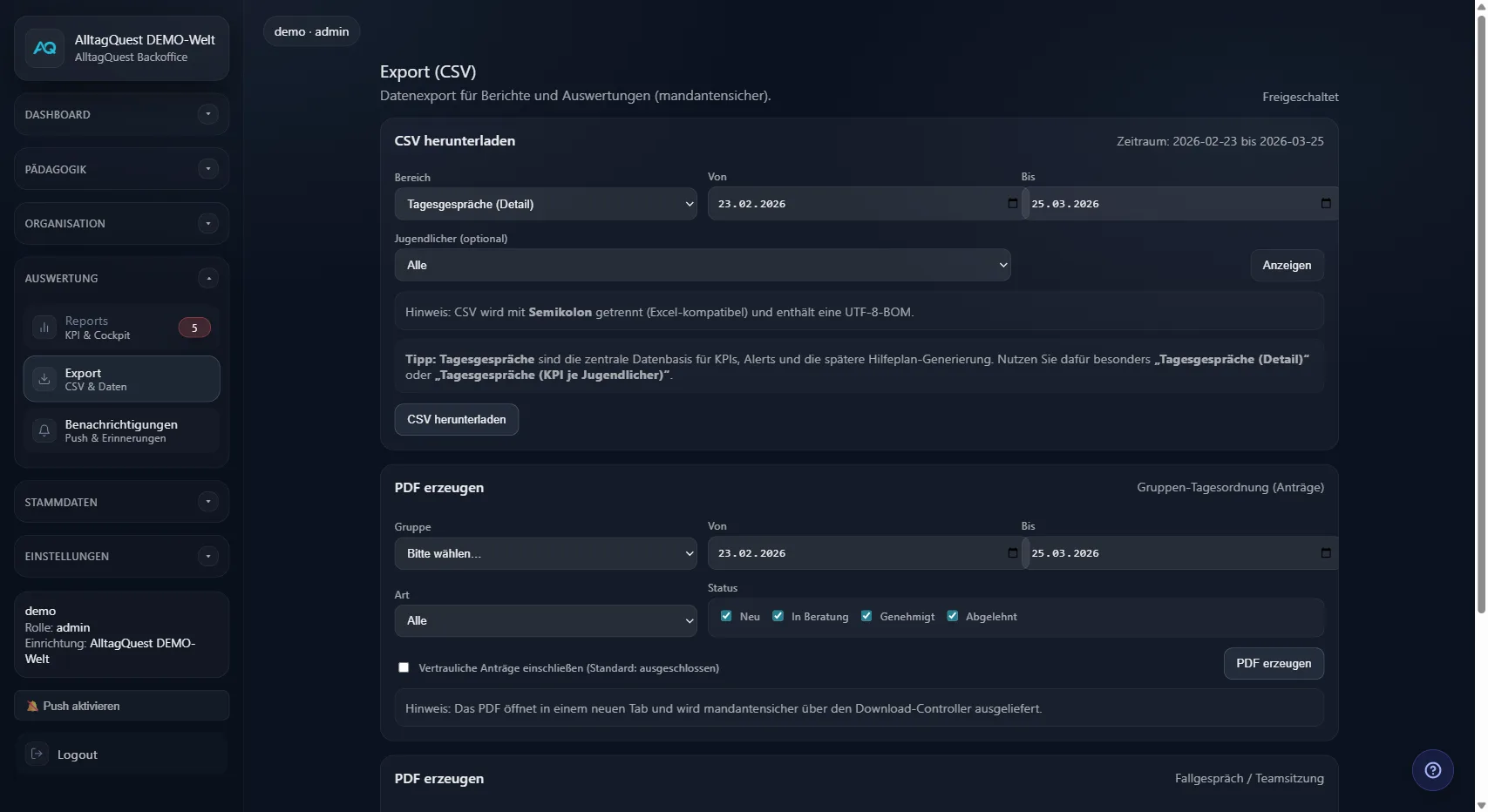 PDF-Export für Gruppenbesprechungen und Tagesordnungen