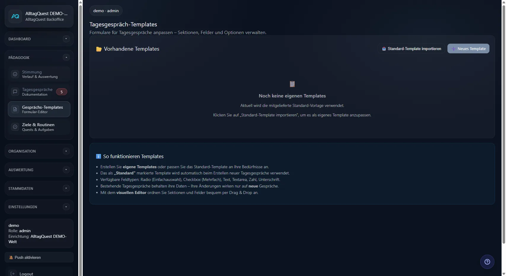 Gesprächs-Template-Editor für anpassbare Tagesgespräch-Formulare