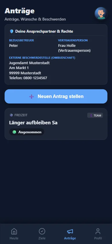Jugendlichen-App: Anträge, Wünsche und Beschwerden mit Ansprechpartnern und Ombudschaft