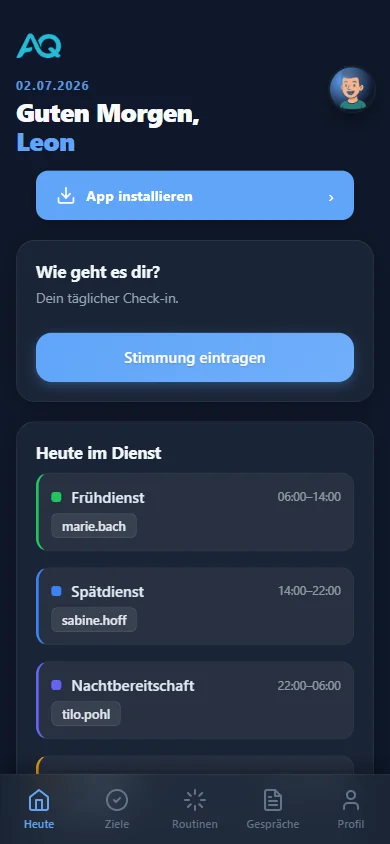 Jugendlichen-App: Startseite mit Stimmungs-Check, Diensten und Terminen