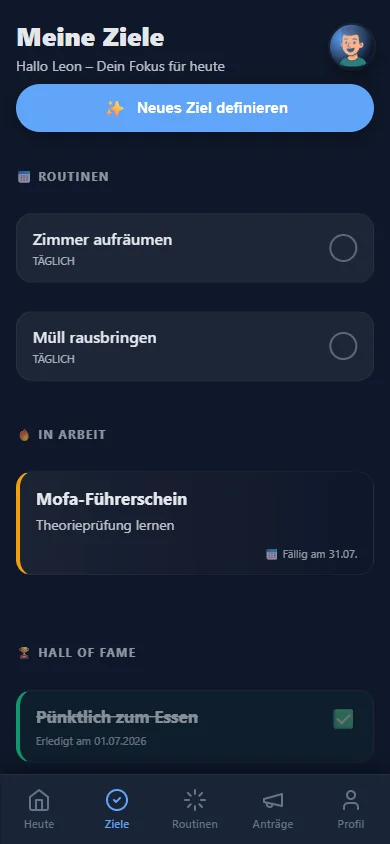 Jugendlichen-App: eigene Ziele setzen, Schritte abhaken und erreichte Ziele in der Hall of Fame