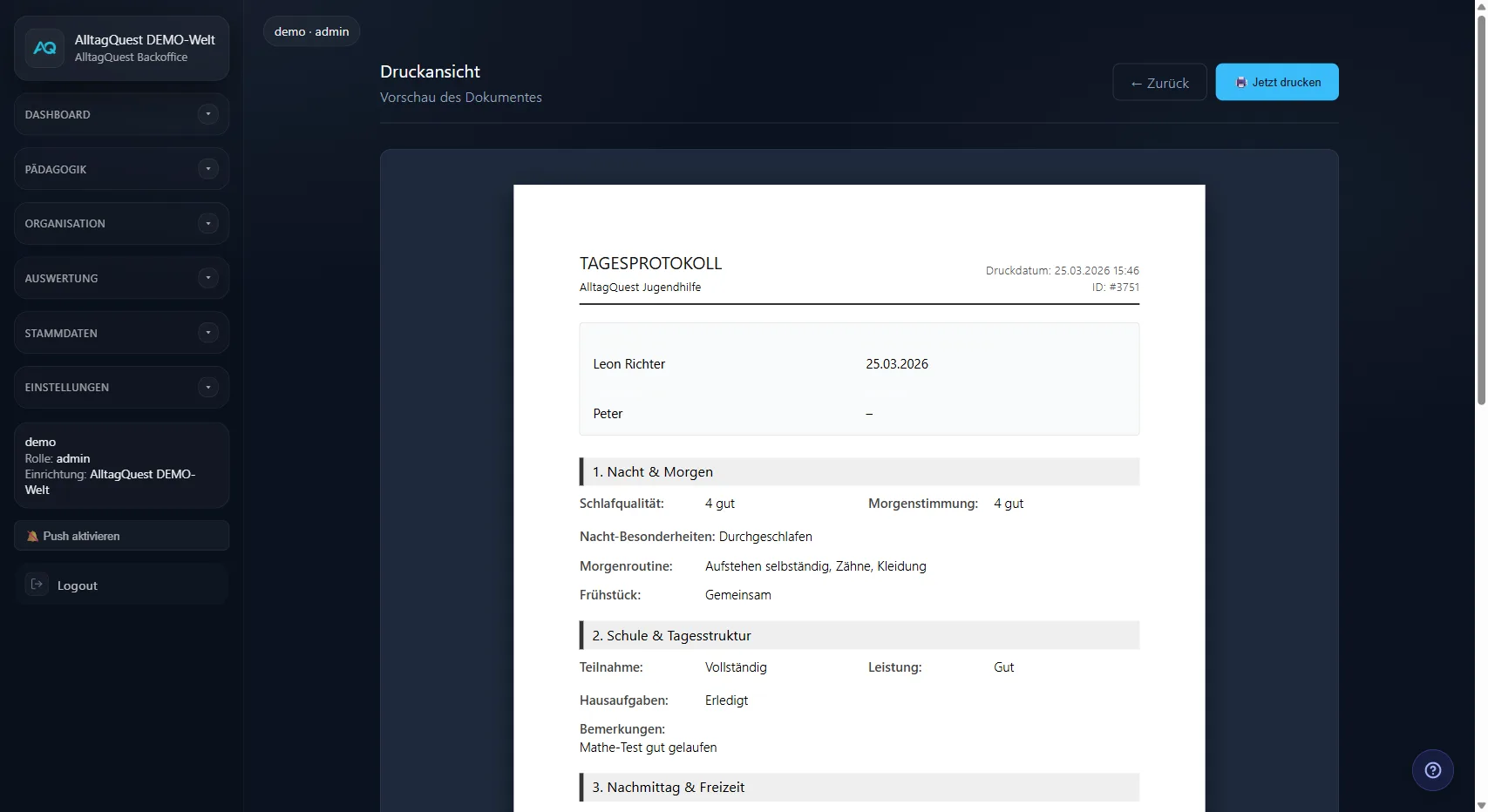 Strukturiertes Tagesprotokoll in der Druckansicht von AlltagQuest