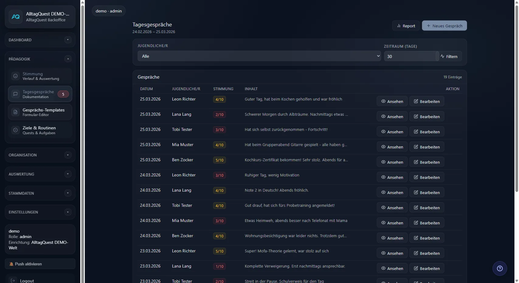 Dokumentation von Tagesgesprächen in einer Jugendhilfe-Einrichtung mit AlltagQuest