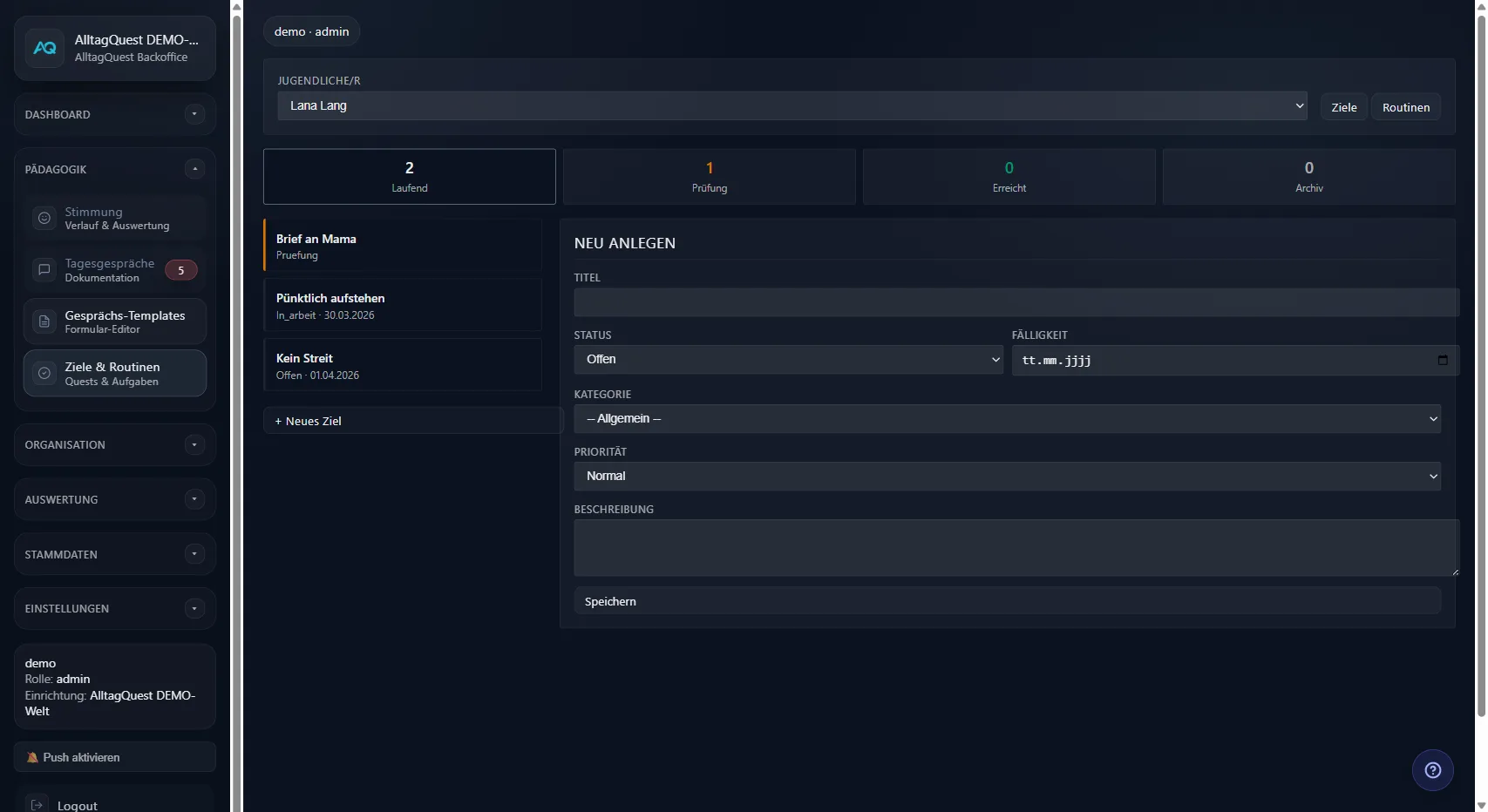Zielarbeit und Quests in AlltagQuest mit Status, Fälligkeit und Hilfeplan-Kategorien